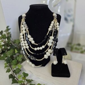 Vintage Gold Multi Strand Necklace with  Pearls black clear beads & Earrings